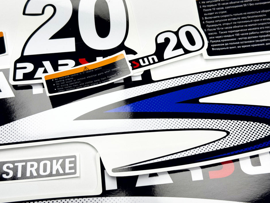 Vinyl graphic decals set suitable for Parsun 20 hp four stroke outboard engine. Vinyl stickers kit for Parsun 20 hp four stroke Handmade