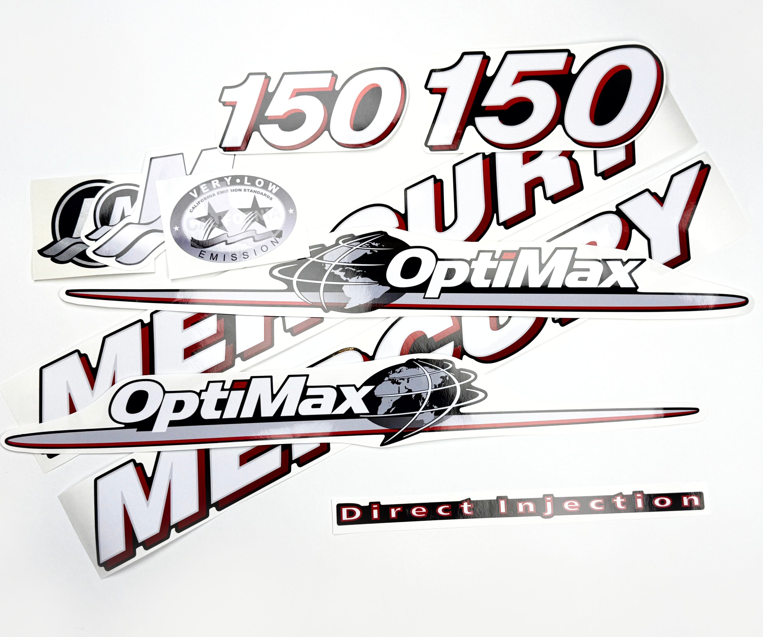 Vinyl graphic red and white decals set suitable for Mercury 150 hp OptiMax two stroke outboard engine. Vinyl red stickers kit for Mercury 150 hp two stroke Handmade