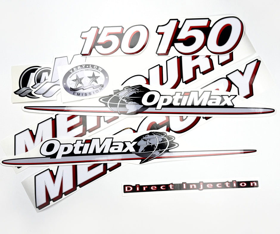 Vinyl graphic red and white decals set suitable for Mercury 150 hp OptiMax two stroke outboard engine. Vinyl red stickers kit for Mercury 150 hp two stroke Handmade