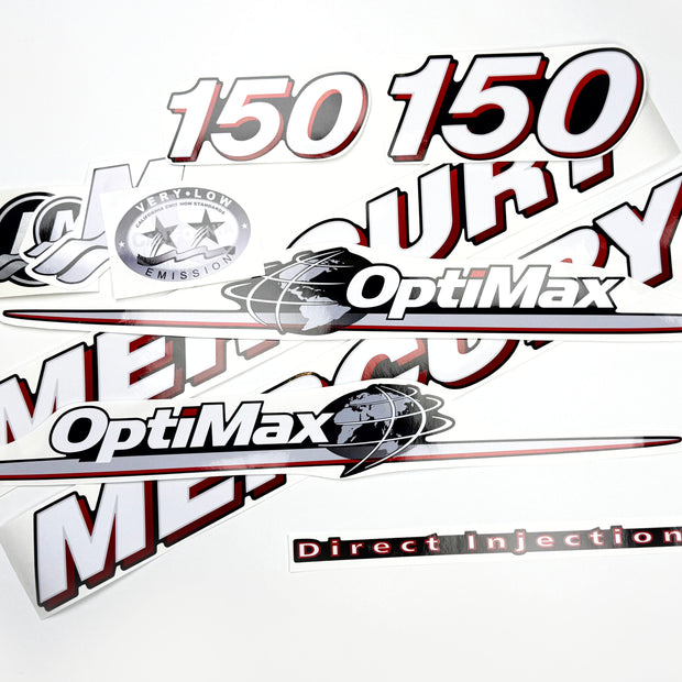 Vinyl graphic red and white decals set suitable for Mercury 150 hp OptiMax two stroke outboard engine. Vinyl red stickers kit for Mercury 150 hp two stroke Handmade