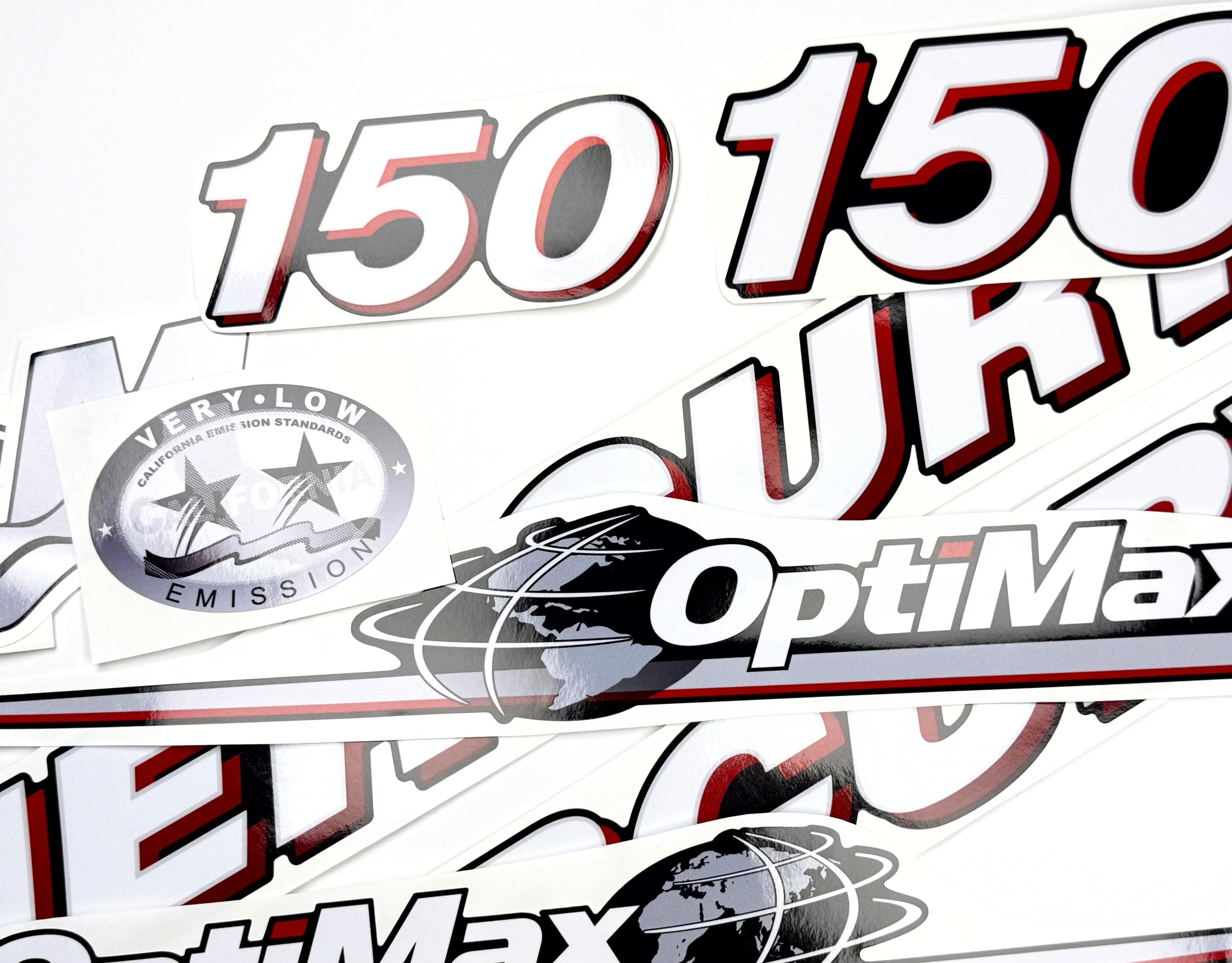 Vinyl graphic red and white decals set suitable for Mercury 150 hp OptiMax two stroke outboard engine. Vinyl red stickers kit for Mercury 150 hp two stroke Handmade