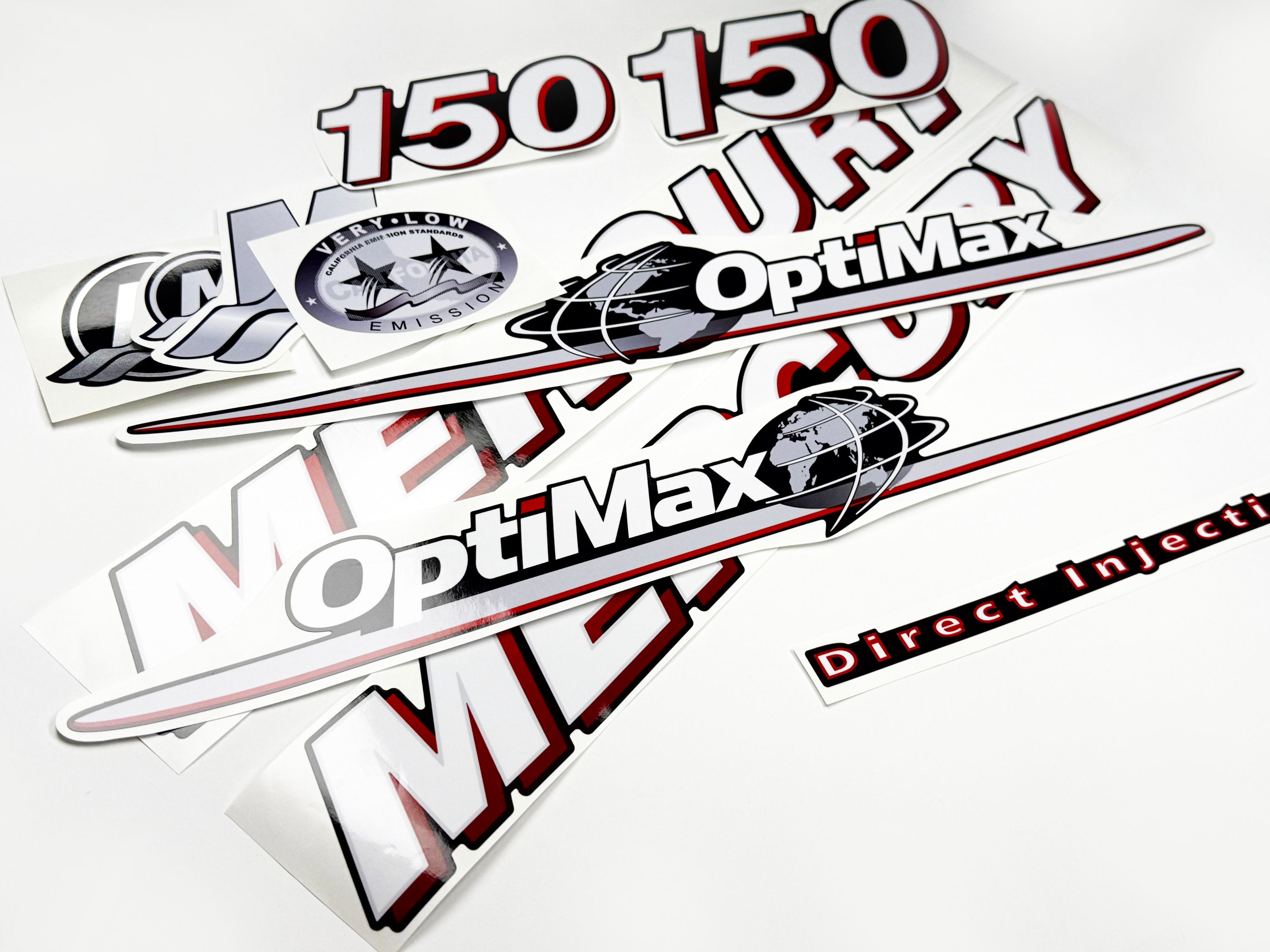 Vinyl graphic red and white decals set suitable for Mercury 150 hp OptiMax two stroke outboard engine. Vinyl red stickers kit for Mercury 150 hp two stroke Handmade