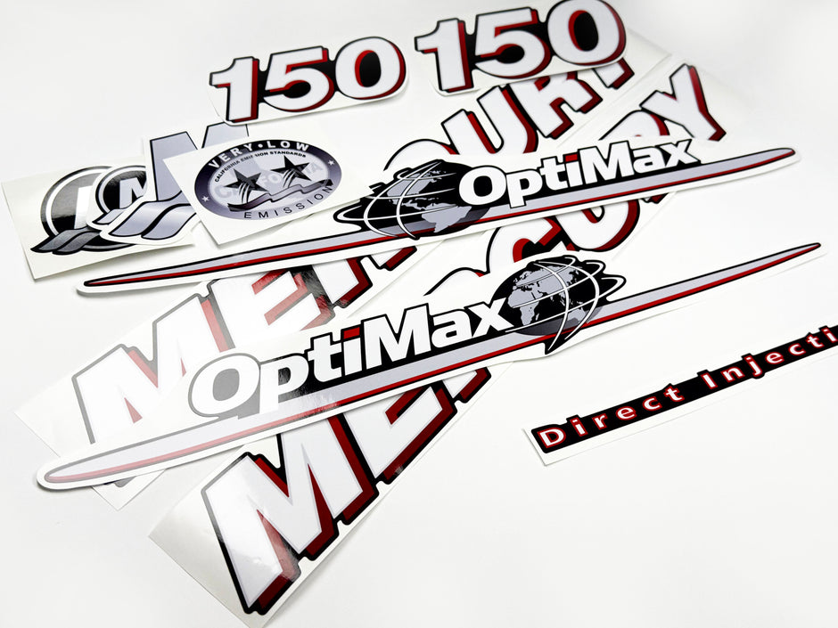 Vinyl graphic red and white decals set suitable for Mercury 150 hp OptiMax two stroke outboard engine. Vinyl red stickers kit for Mercury 150 hp two stroke Handmade
