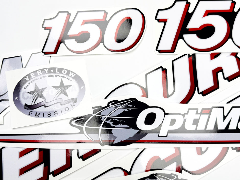Vinyl graphic red and white decals set suitable for Mercury 150 hp OptiMax two stroke outboard engine. Vinyl red stickers kit for Mercury 150 hp two stroke Handmade