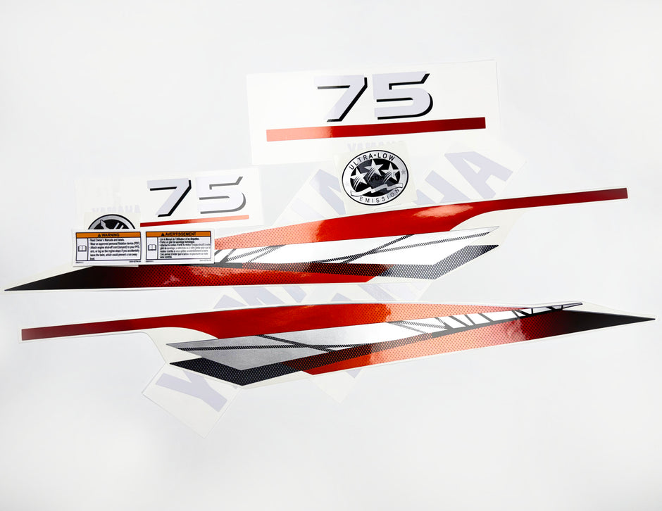 Vinyl graphic metalized silver red decals set suitable for Yamaha 75 hp two stroke outboard engine. Vinyl stickers kit for Yamaha 75 hp two stroke Handmade