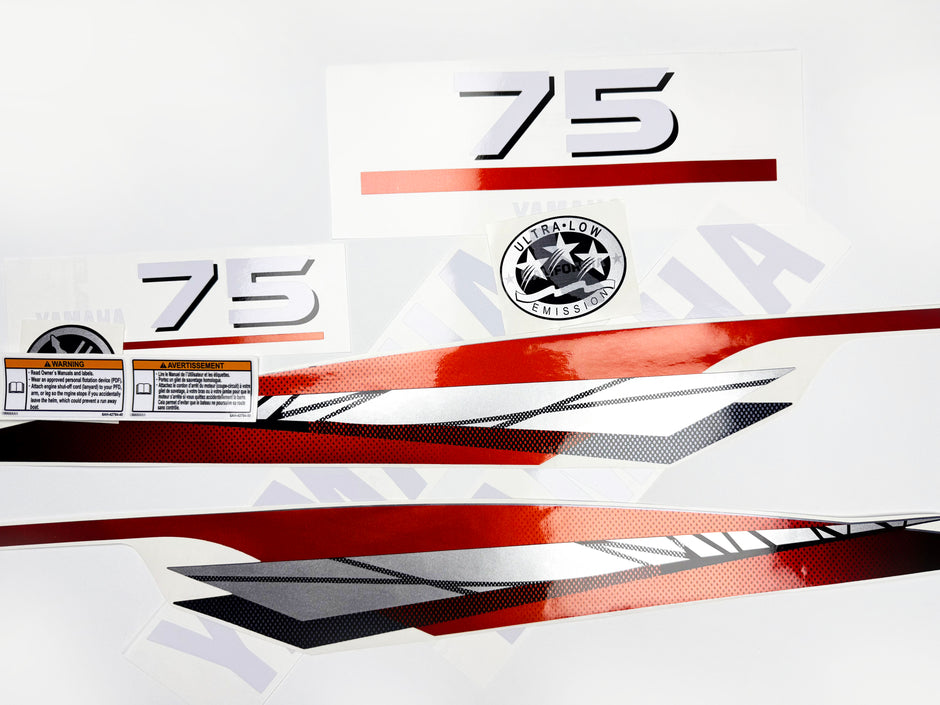 Vinyl graphic metalized silver red decals set suitable for Yamaha 75 hp two stroke outboard engine. Vinyl stickers kit for Yamaha 75 hp two stroke Handmade
