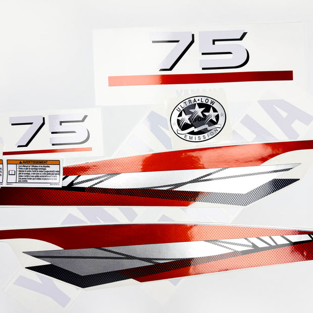 Vinyl graphic metalized silver red decals set suitable for Yamaha 75 hp two stroke outboard engine. Vinyl stickers kit for Yamaha 75 hp two stroke Handmade