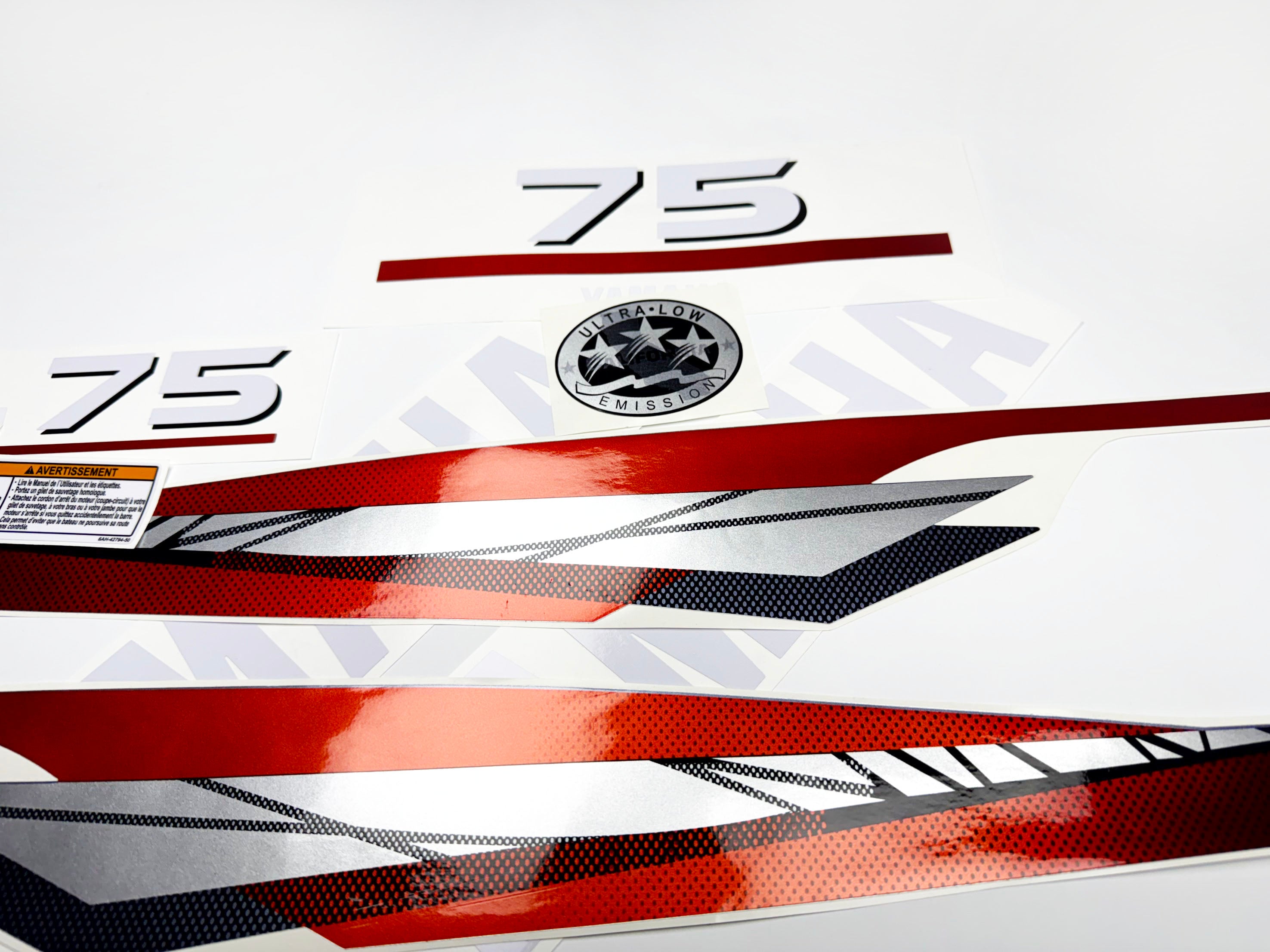 Vinyl graphic metalized silver red decals set suitable for Yamaha 75 hp two stroke outboard engine. Vinyl stickers kit for Yamaha 75 hp two stroke Handmade