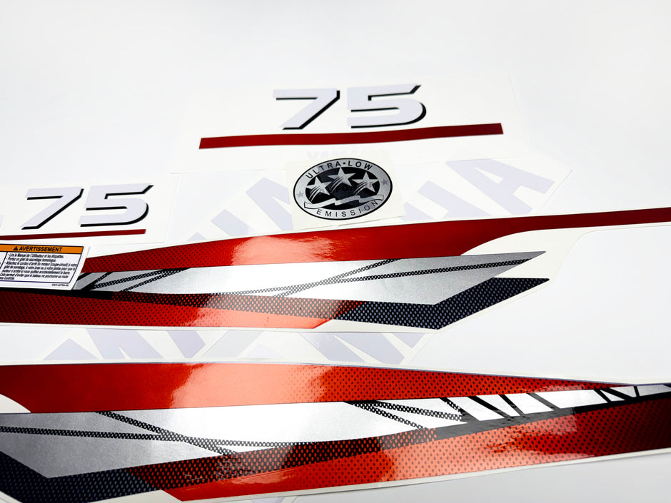 Vinyl graphic metalized silver red decals set suitable for Yamaha 75 hp two stroke outboard engine. Vinyl stickers kit for Yamaha 75 hp two stroke Handmade