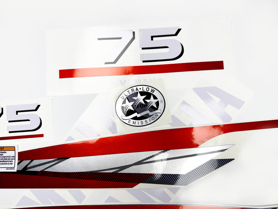 Vinyl graphic metalized silver red decals set suitable for Yamaha 75 hp two stroke outboard engine. Vinyl stickers kit for Yamaha 75 hp two stroke Handmade