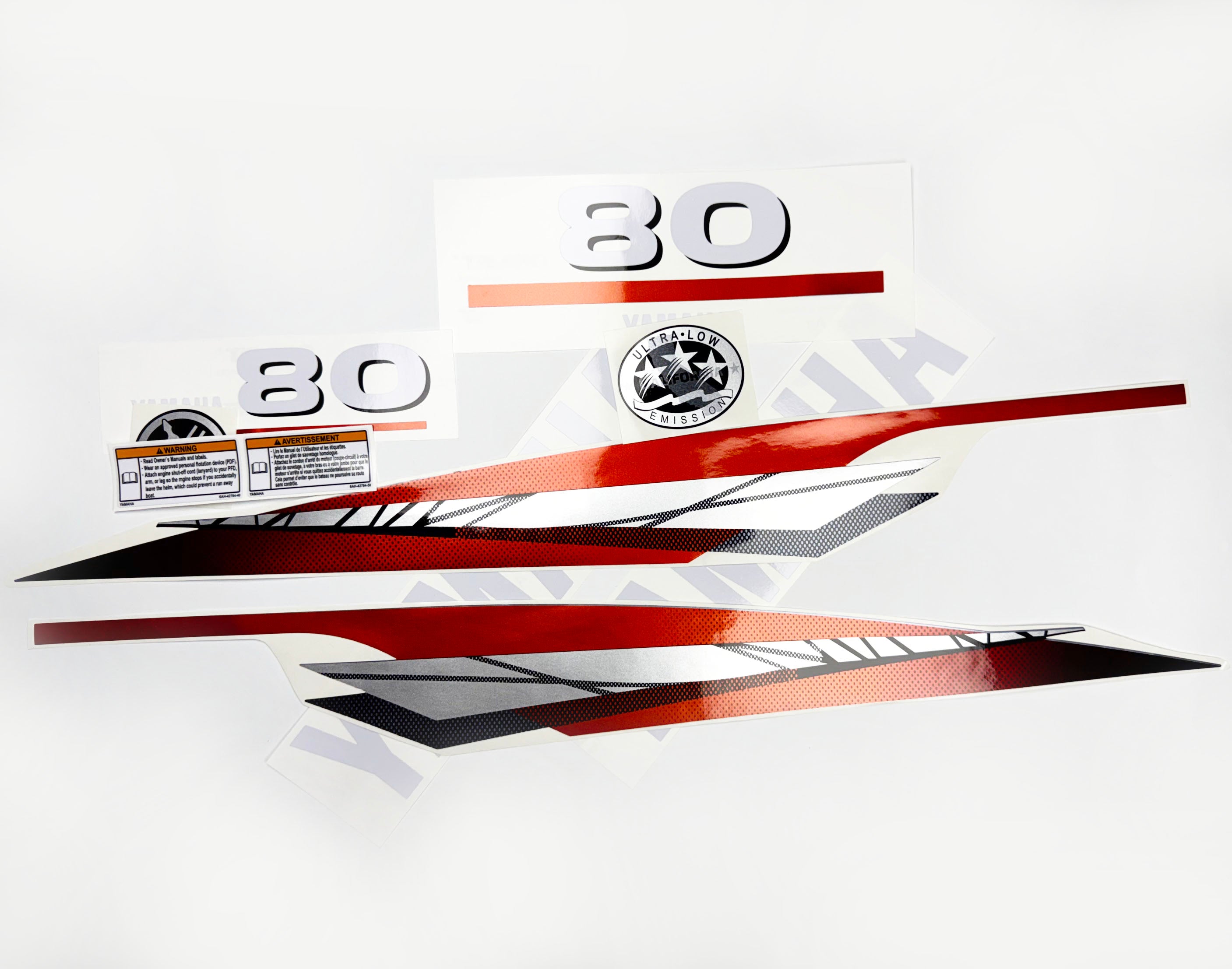 Vinyl graphic metalized silver red decals set suitable for Yamaha 80 hp two stroke outboard engine. Vinyl stickers kit for Yamaha 80 hp two stroke Handmade