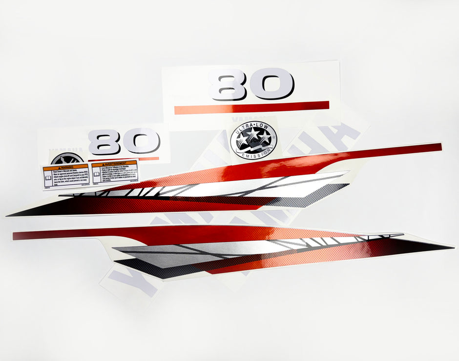 Vinyl graphic metalized silver red decals set suitable for Yamaha 80 hp two stroke outboard engine. Vinyl stickers kit for Yamaha 80 hp two stroke Handmade