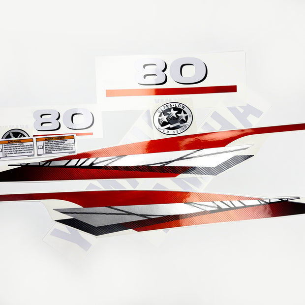 Vinyl graphic metalized silver red decals set suitable for Yamaha 80 hp two stroke outboard engine. Vinyl stickers kit for Yamaha 80 hp two stroke Handmade