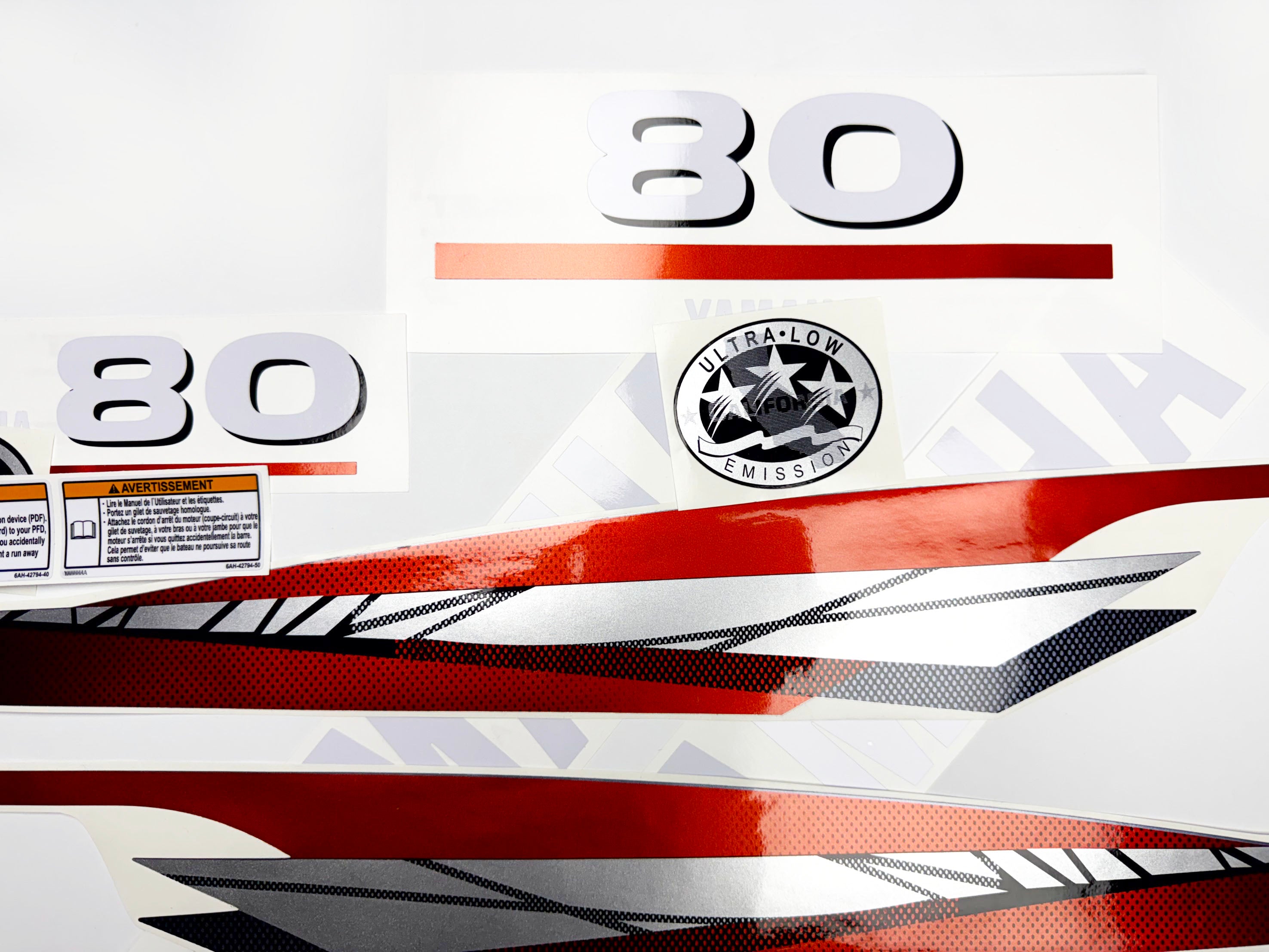 Vinyl graphic metalized silver red decals set suitable for Yamaha 80 hp two stroke outboard engine. Vinyl stickers kit for Yamaha 80 hp two stroke Handmade