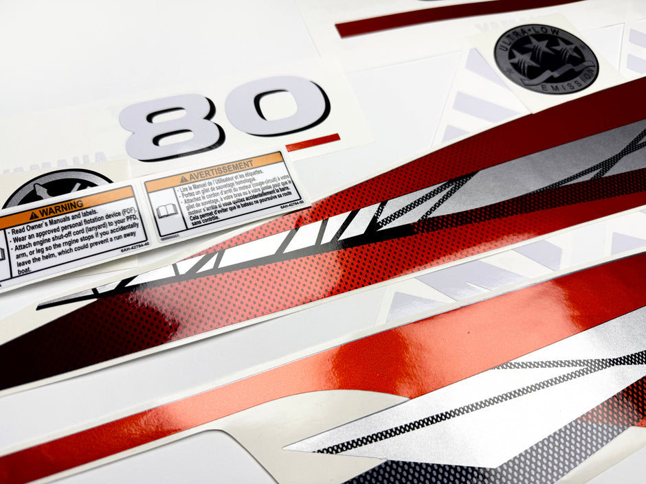 Vinyl graphic metalized silver red decals set suitable for Yamaha 80 hp two stroke outboard engine. Vinyl stickers kit for Yamaha 80 hp two stroke Handmade