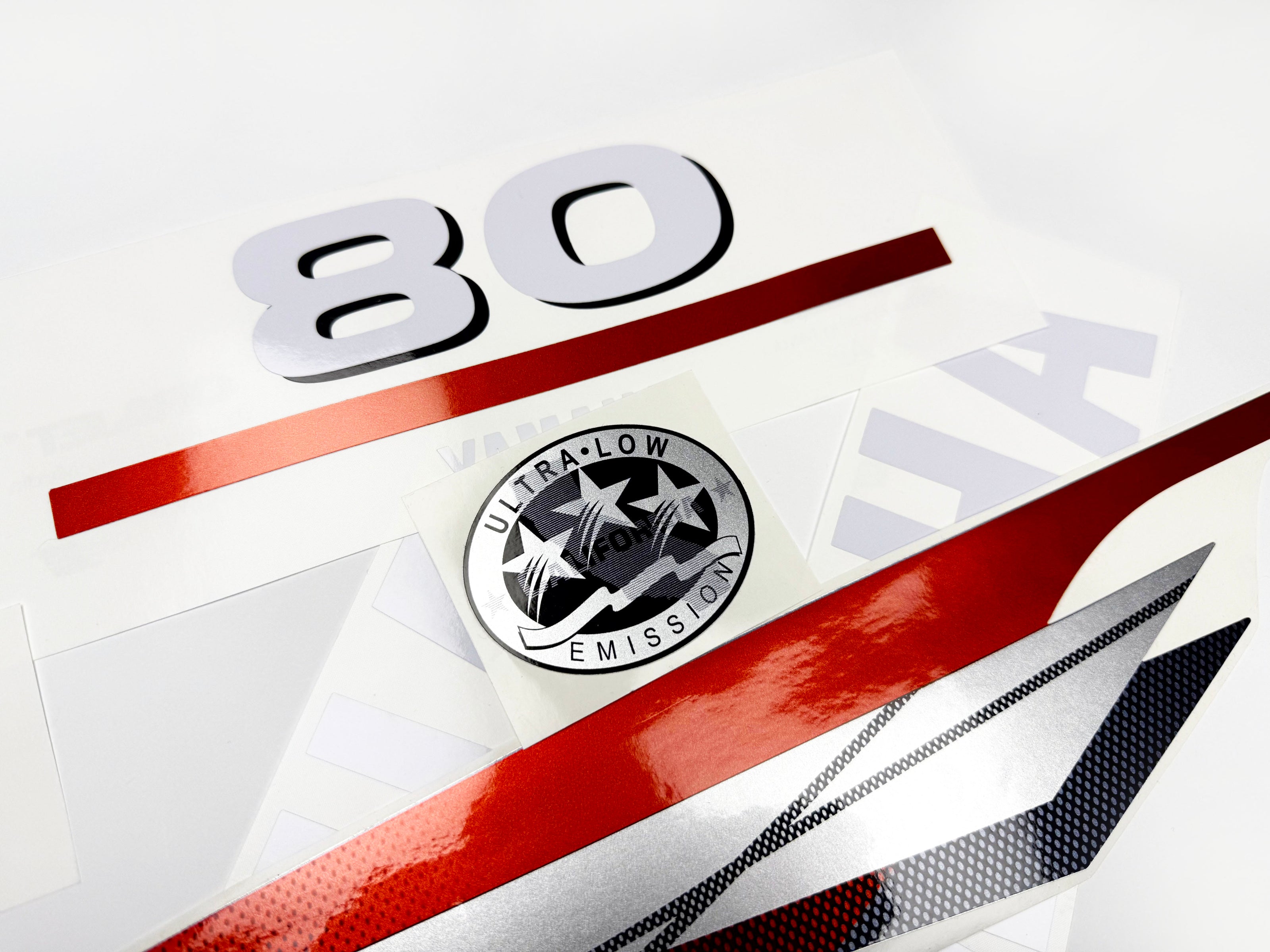 Vinyl graphic metalized silver red decals set suitable for Yamaha 80 hp two stroke outboard engine. Vinyl stickers kit for Yamaha 80 hp two stroke Handmade