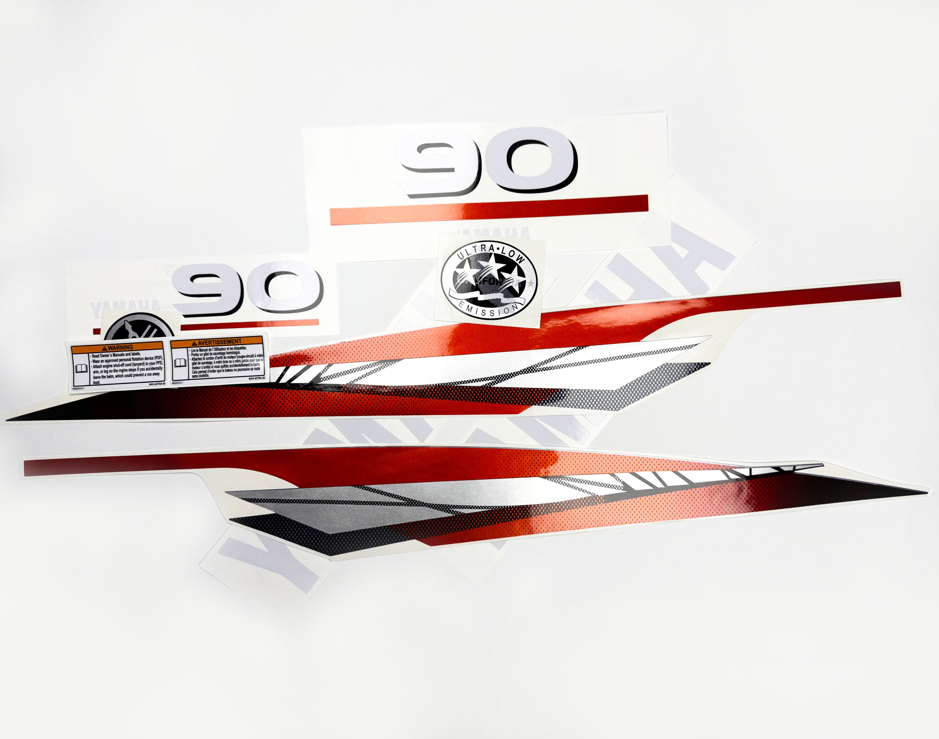 Vinyl graphic metalized silver red decals set suitable for Yamaha 90 hp two stroke outboard engine. Vinyl stickers kit for yamaha 90 hp two stroke Handmade