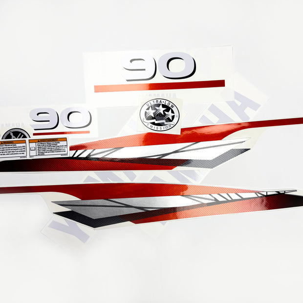 Vinyl graphic metalized silver red decals set suitable for Yamaha 90 hp two stroke outboard engine. Vinyl stickers kit for yamaha 90 hp two stroke Handmade