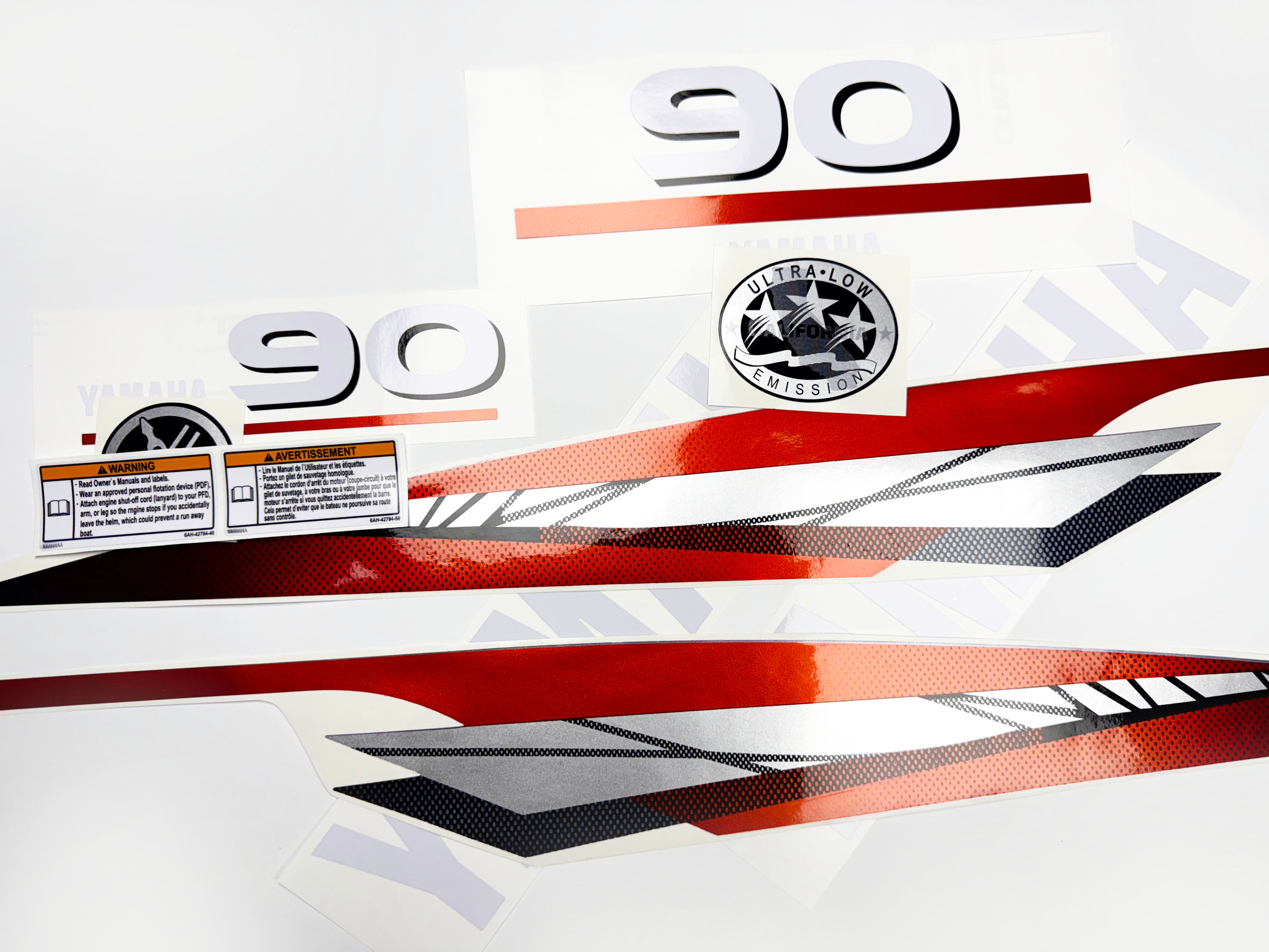Vinyl graphic metalized silver red decals set suitable for Yamaha 90 hp two stroke outboard engine. Vinyl stickers kit for yamaha 90 hp two stroke Handmade