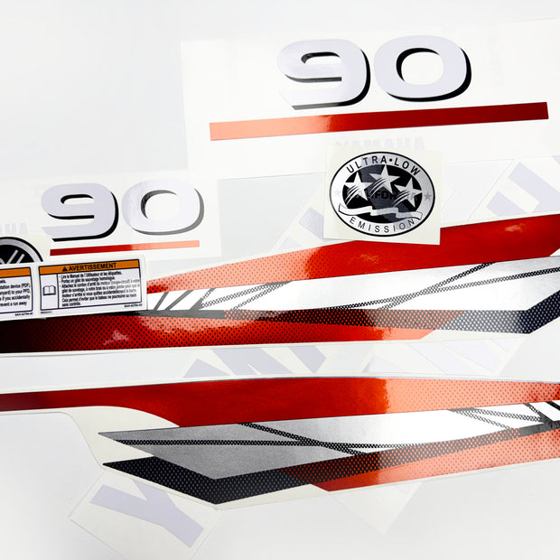 Vinyl graphic metalized silver red decals set suitable for Yamaha 90 hp two stroke outboard engine. Vinyl stickers kit for yamaha 90 hp two stroke Handmade