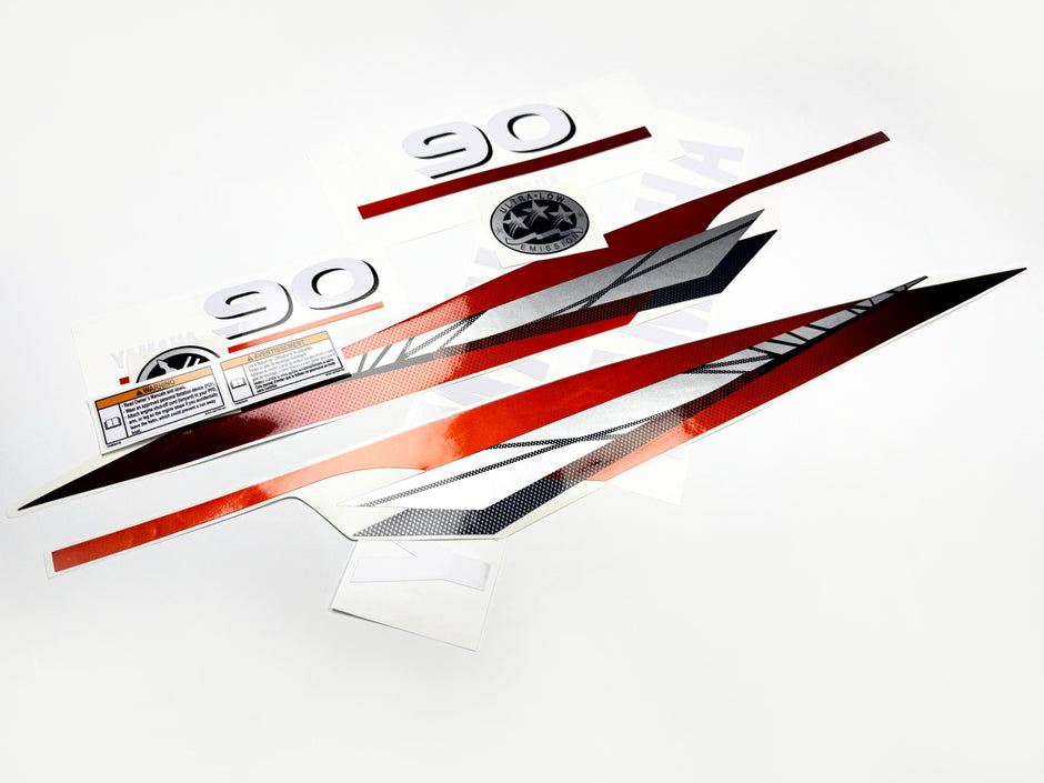 Vinyl graphic metalized silver red decals set suitable for Yamaha 90 hp two stroke outboard engine. Vinyl stickers kit for yamaha 90 hp two stroke Handmade