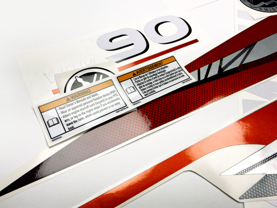 Vinyl graphic metalized silver red decals set suitable for Yamaha 90 hp two stroke outboard engine. Vinyl stickers kit for yamaha 90 hp two stroke Handmade