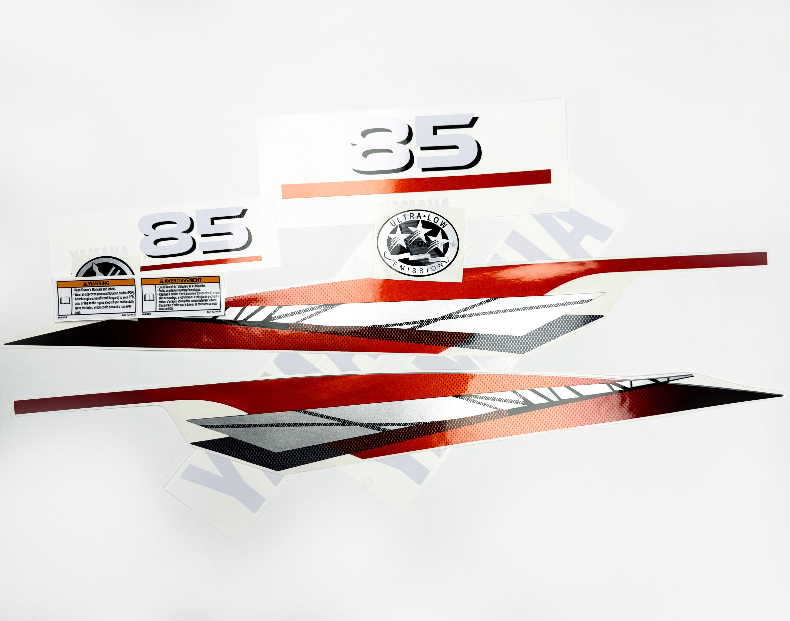 Vinyl graphic metalized silver red decals set suitable for Yamaha 85 hp two stroke outboard engine. Vinyl stickers kit for Yamaha 85 hp two stroke Handmade