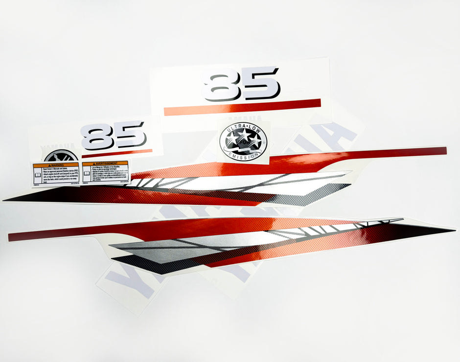 Vinyl graphic metalized silver red decals set suitable for Yamaha 85 hp two stroke outboard engine. Vinyl stickers kit for Yamaha 85 hp two stroke Handmade