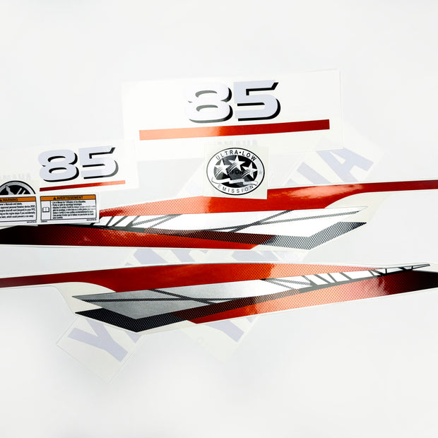 Vinyl graphic metalized silver red decals set suitable for Yamaha 85 hp two stroke outboard engine. Vinyl stickers kit for Yamaha 85 hp two stroke Handmade