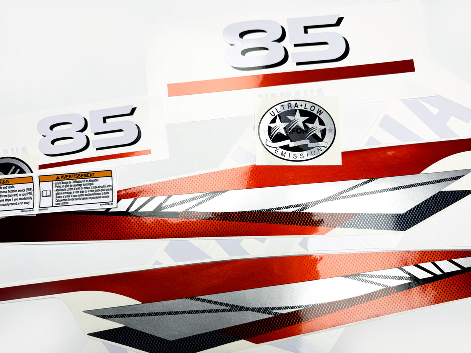 Vinyl graphic metalized silver red decals set suitable for Yamaha 85 hp two stroke outboard engine. Vinyl stickers kit for Yamaha 85 hp two stroke Handmade