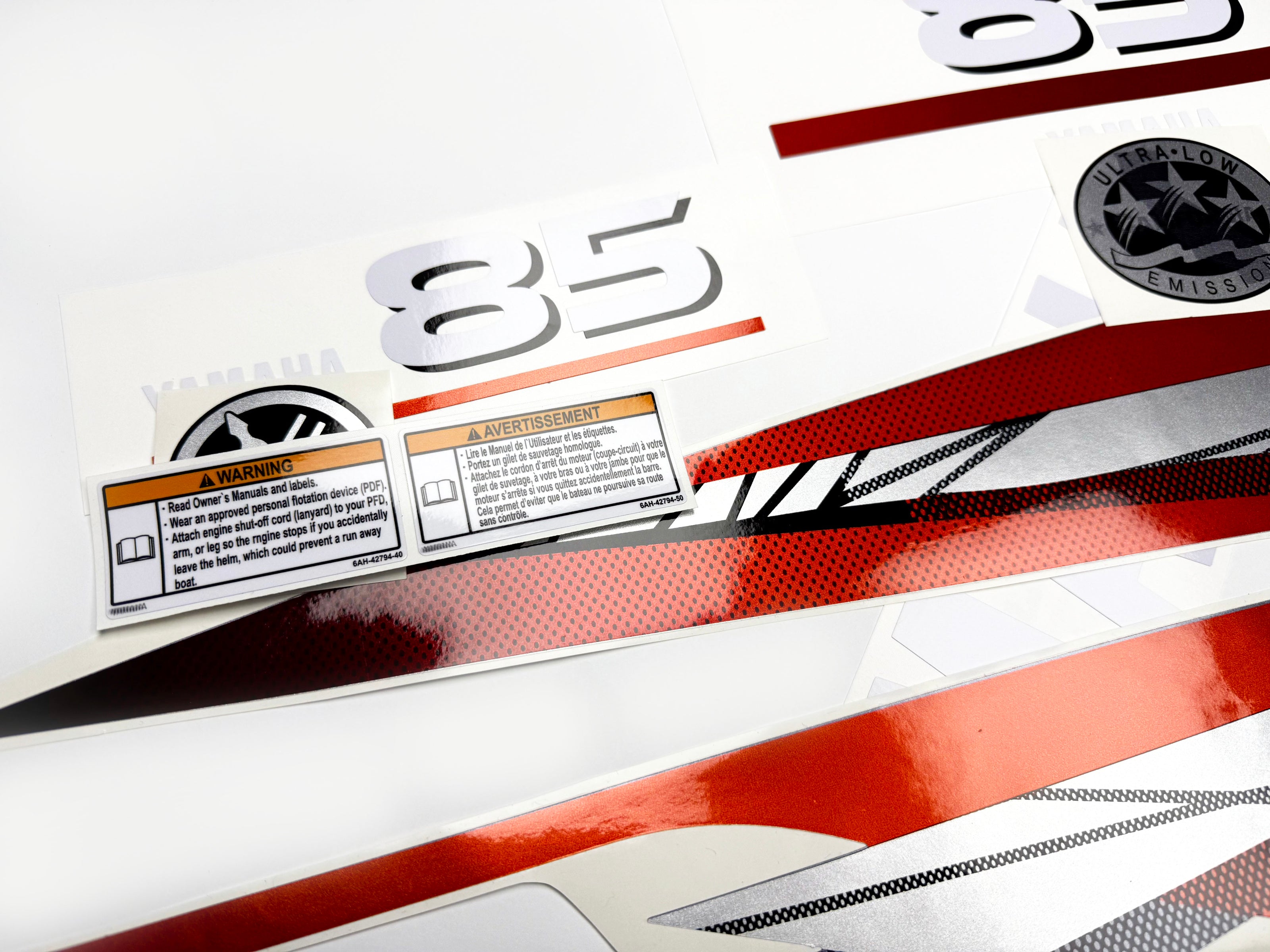 Vinyl graphic metalized silver red decals set suitable for Yamaha 85 hp two stroke outboard engine. Vinyl stickers kit for Yamaha 85 hp two stroke Handmade
