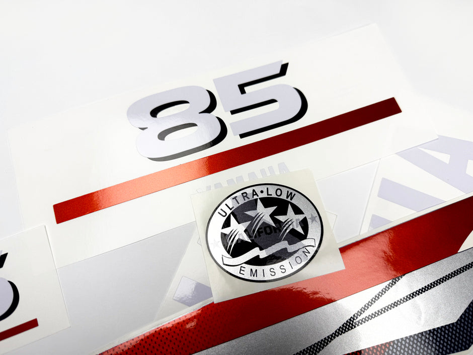 Vinyl graphic metalized silver red decals set suitable for Yamaha 85 hp two stroke outboard engine. Vinyl stickers kit for Yamaha 85 hp two stroke Handmade