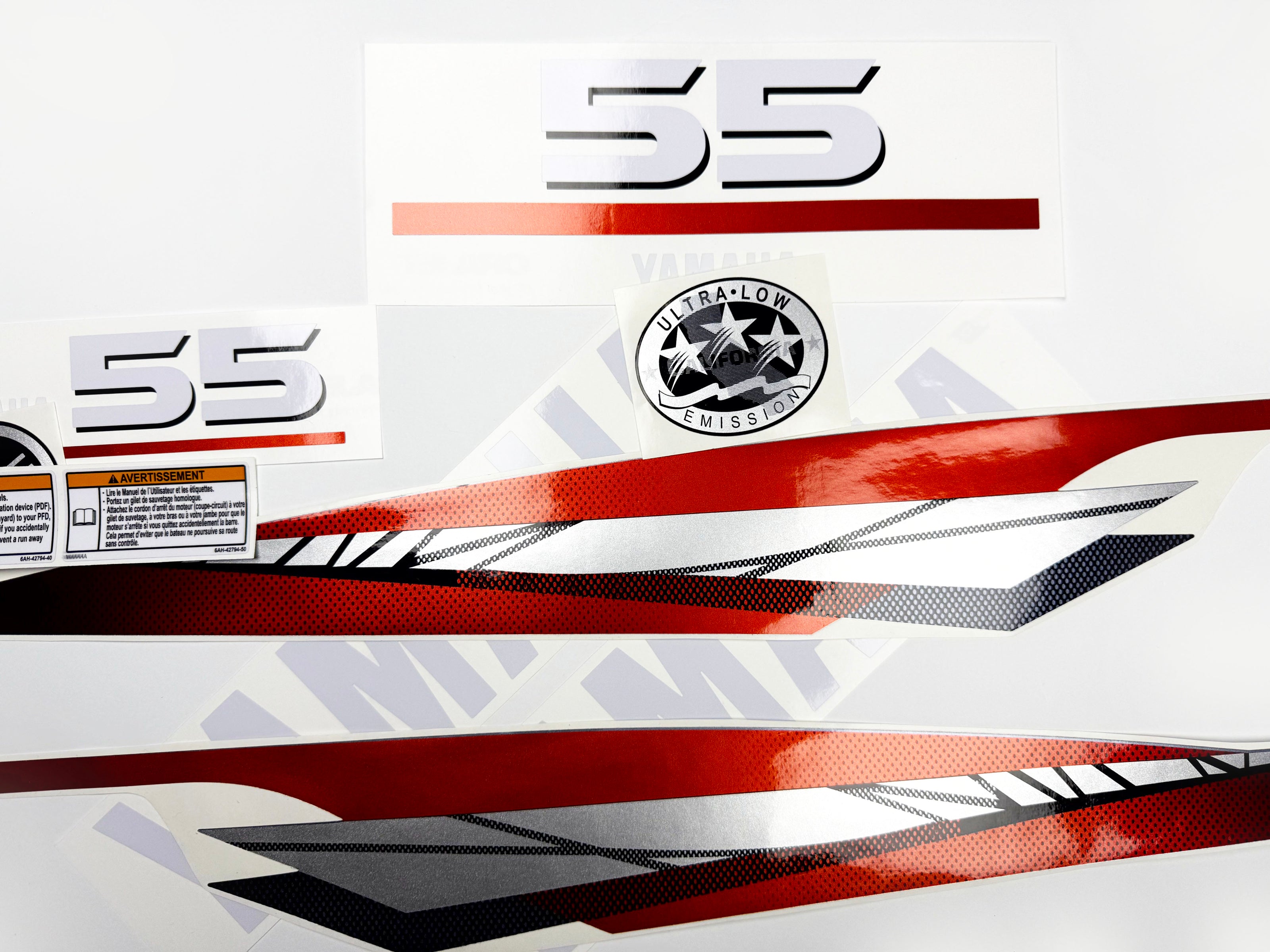 Vinyl graphic metalized silver red decals set suitable for Yamaha 55 hp two stroke outboard engine. Vinyl stickers kit for Yamaha 55 hp two stroke Handmade