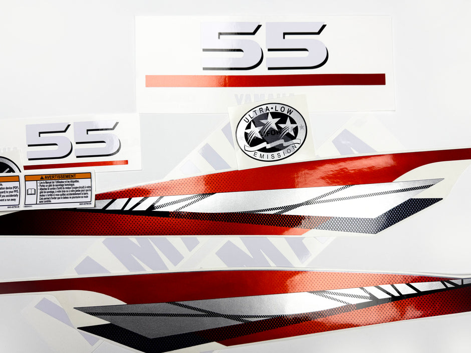 Vinyl graphic metalized silver red decals set suitable for Yamaha 55 hp two stroke outboard engine. Vinyl stickers kit for Yamaha 55 hp two stroke Handmade