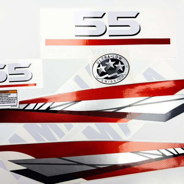 Vinyl graphic metalized silver red decals set suitable for Yamaha 55 hp two stroke outboard engine. Vinyl stickers kit for Yamaha 55 hp two stroke Handmade