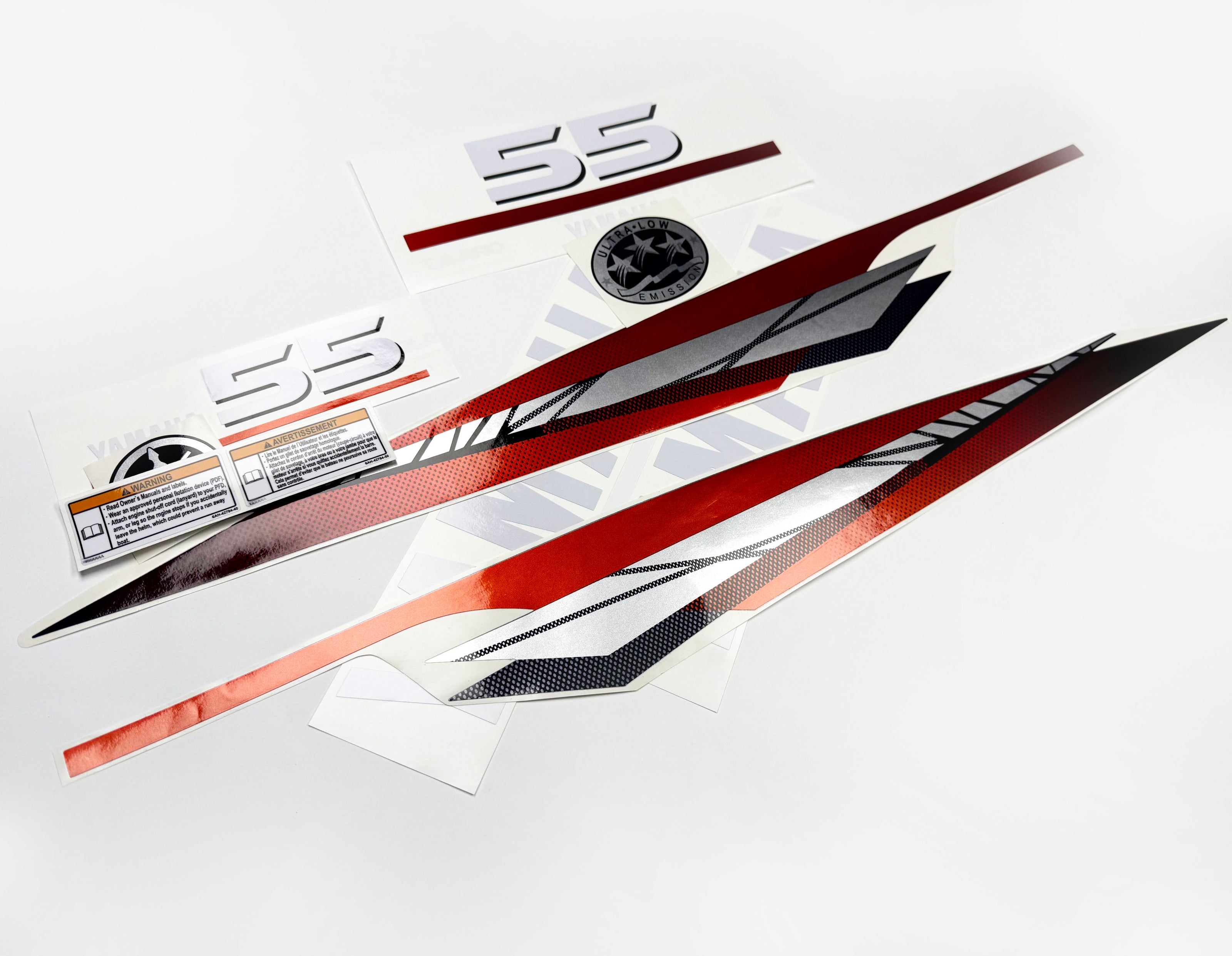 Vinyl graphic metalized silver red decals set suitable for Yamaha 55 hp two stroke outboard engine. Vinyl stickers kit for Yamaha 55 hp two stroke Handmade