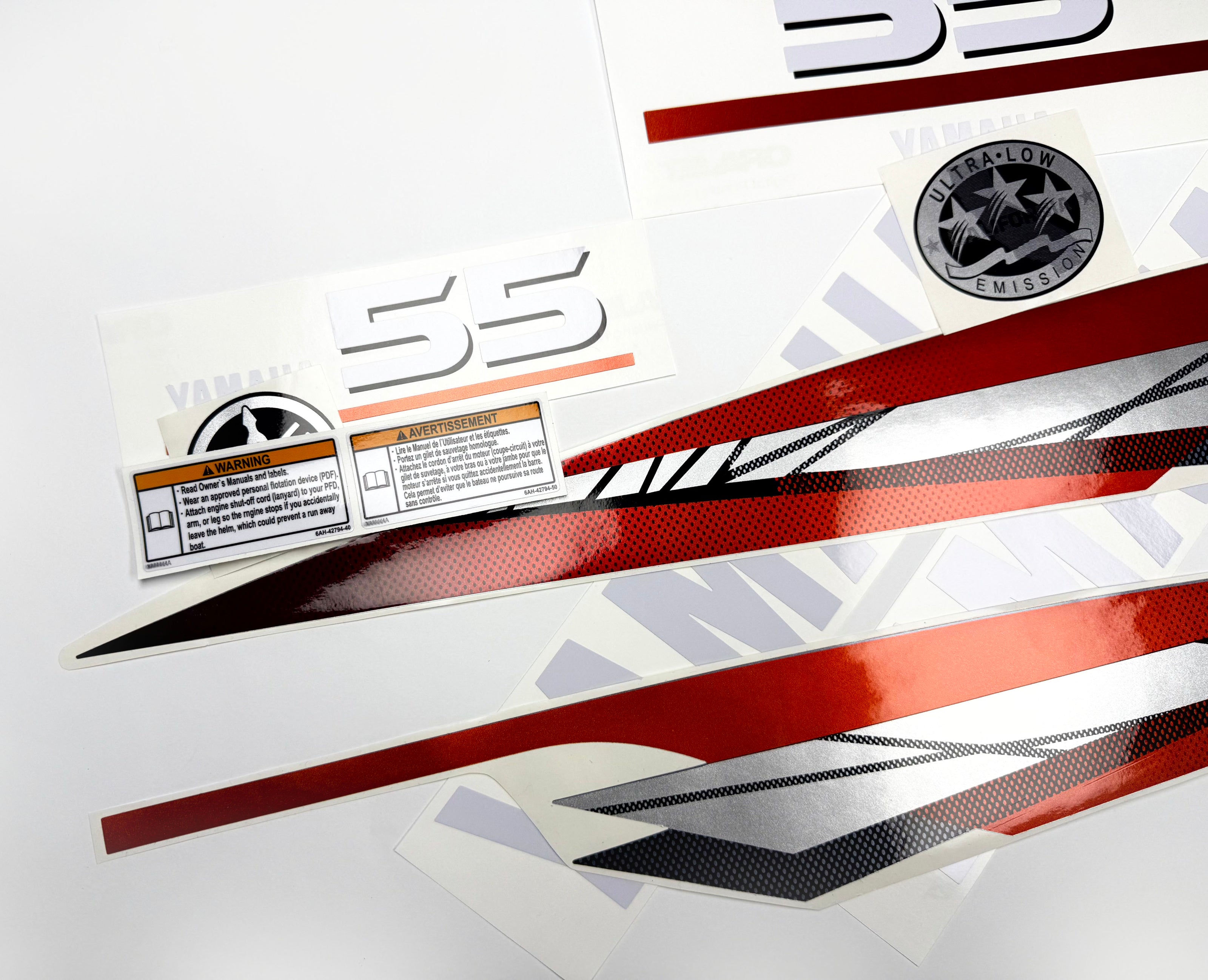 Vinyl graphic metalized silver red decals set suitable for Yamaha 55 hp two stroke outboard engine. Vinyl stickers kit for Yamaha 55 hp two stroke Handmade