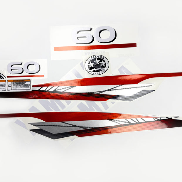 Vinyl graphic metalized silver red decals set suitable for Yamaha 60 hp two stroke outboard engine. Vinyl stickers kit for Yamaha 60 hp two stroke Handmade