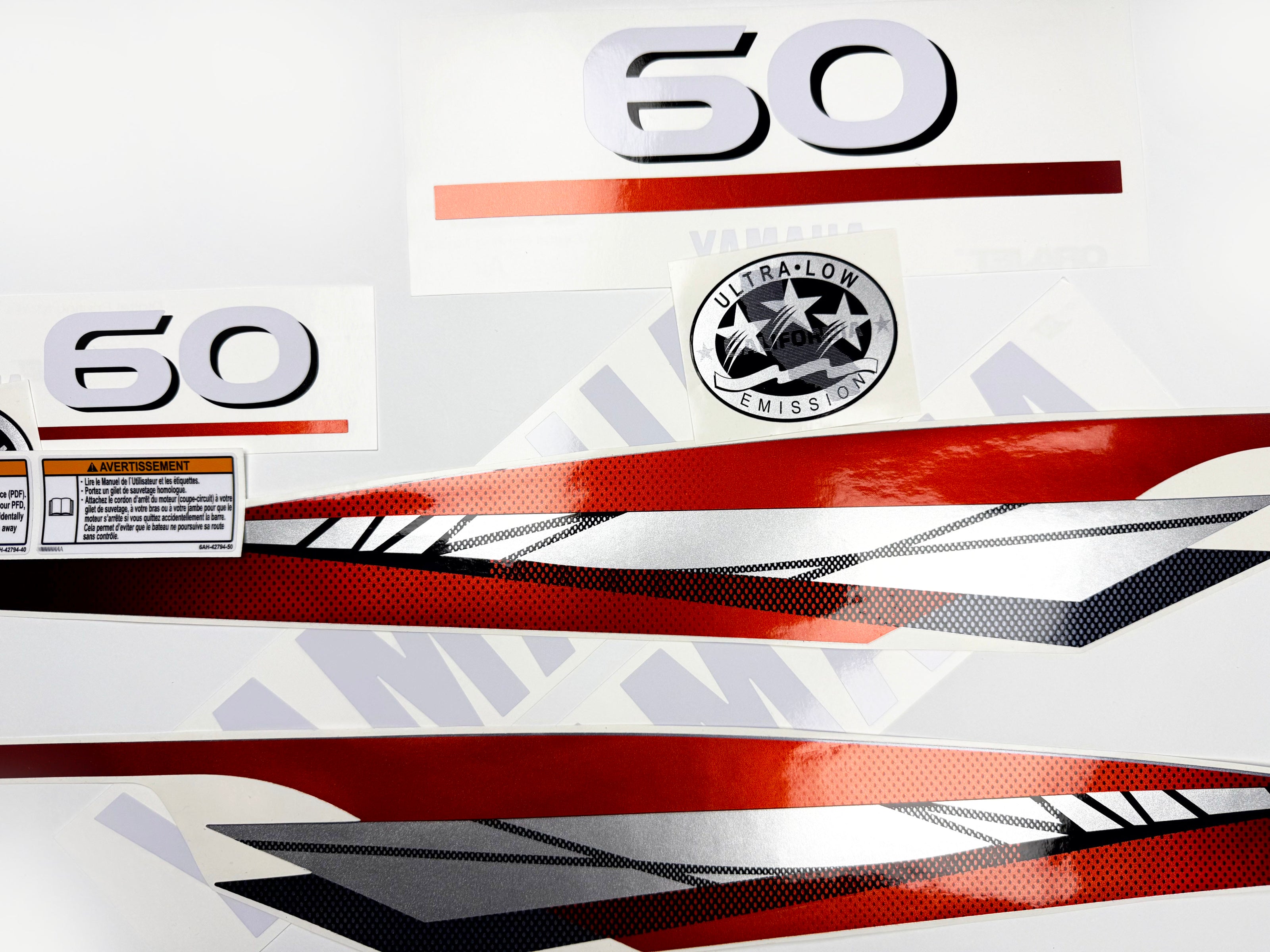 Vinyl graphic metalized silver red decals set suitable for Yamaha 60 hp two stroke outboard engine. Vinyl stickers kit for Yamaha 60 hp two stroke Handmade
