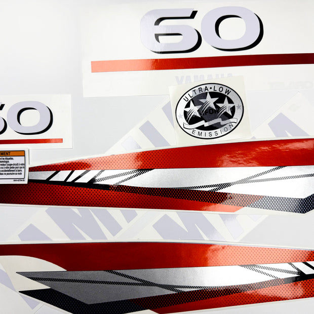 Vinyl graphic metalized silver red decals set suitable for Yamaha 60 hp two stroke outboard engine. Vinyl stickers kit for Yamaha 60 hp two stroke Handmade