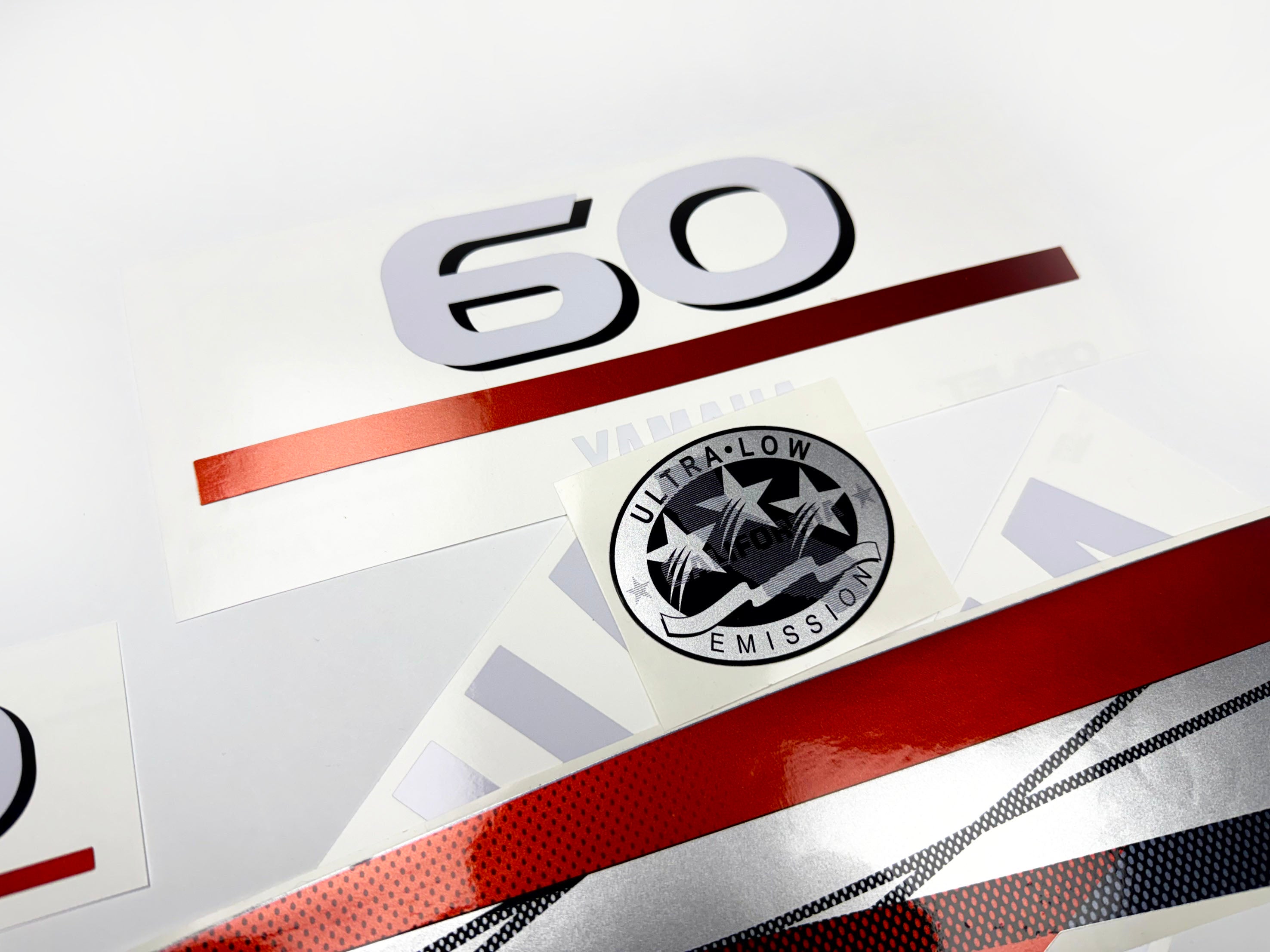 Vinyl graphic metalized silver red decals set suitable for Yamaha 60 hp two stroke outboard engine. Vinyl stickers kit for Yamaha 60 hp two stroke Handmade
