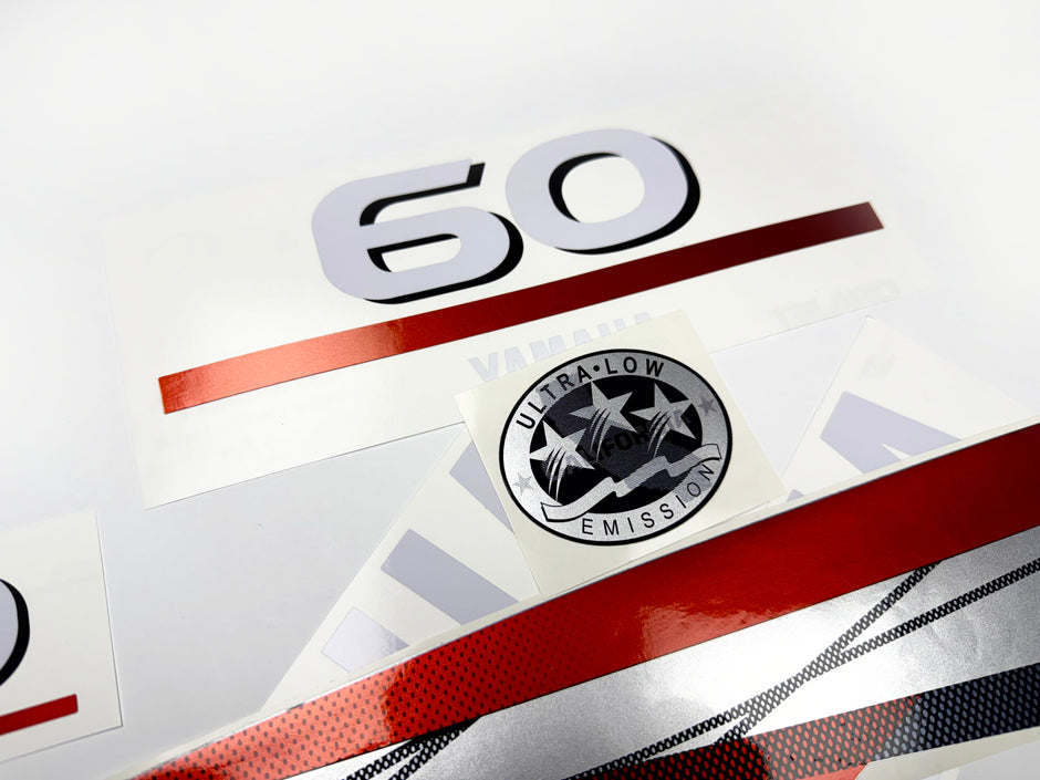 Vinyl graphic metalized silver red decals set suitable for Yamaha 60 hp two stroke outboard engine. Vinyl stickers kit for Yamaha 60 hp two stroke Handmade