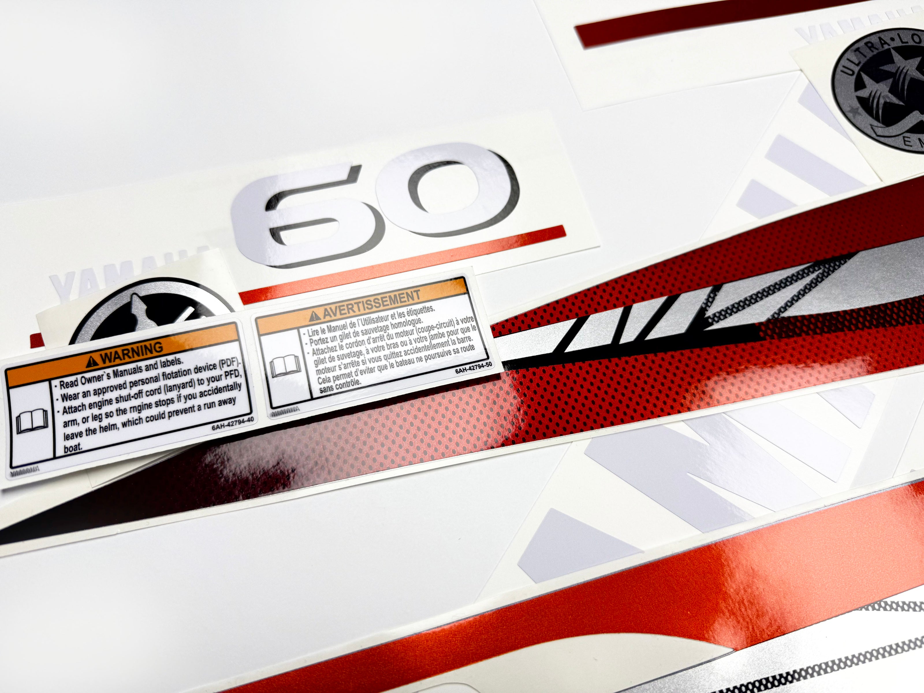 Vinyl graphic metalized silver red decals set suitable for Yamaha 60 hp two stroke outboard engine. Vinyl stickers kit for Yamaha 60 hp two stroke Handmade