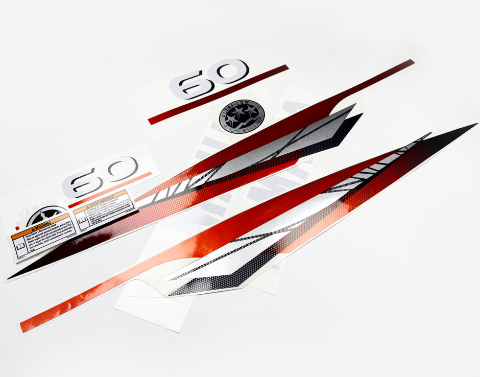 Vinyl graphic metalized silver red decals set suitable for Yamaha 60 hp two stroke outboard engine. Vinyl stickers kit for Yamaha 60 hp two stroke Handmade