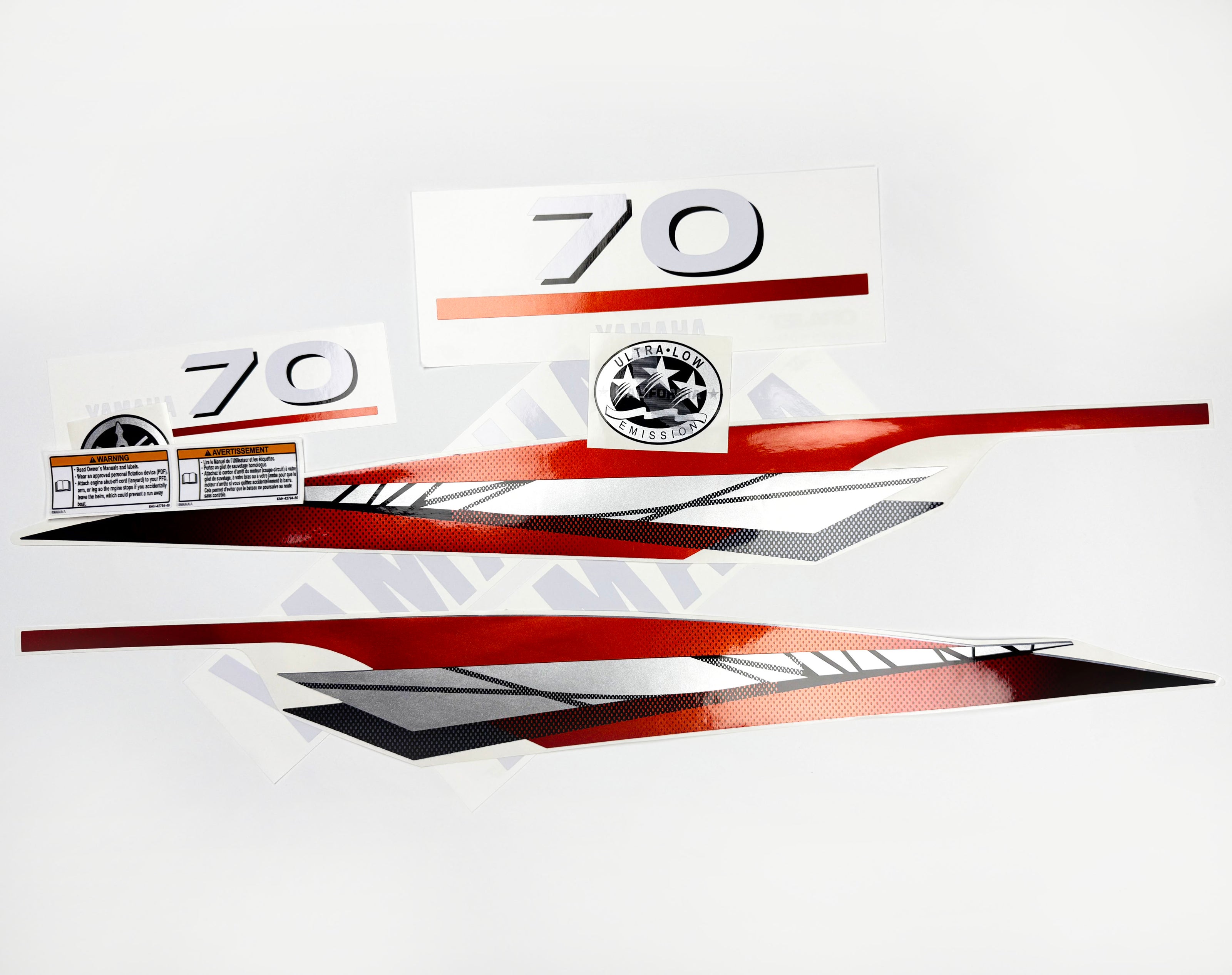 Vinyl graphic metalized silver red decals set suitable for Yamaha 70 hp two stroke outboard engine. Vinyl stickers kit for Yamaha 70 hp two stroke Handmade