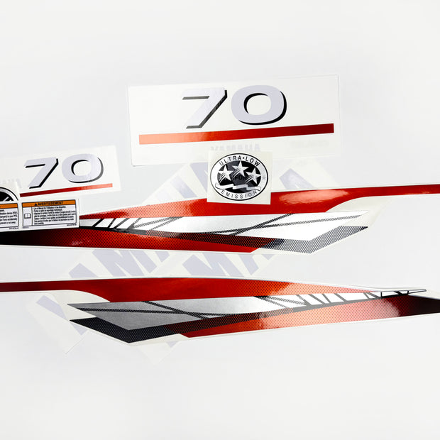 Vinyl graphic metalized silver red decals set suitable for Yamaha 70 hp two stroke outboard engine. Vinyl stickers kit for Yamaha 70 hp two stroke Handmade