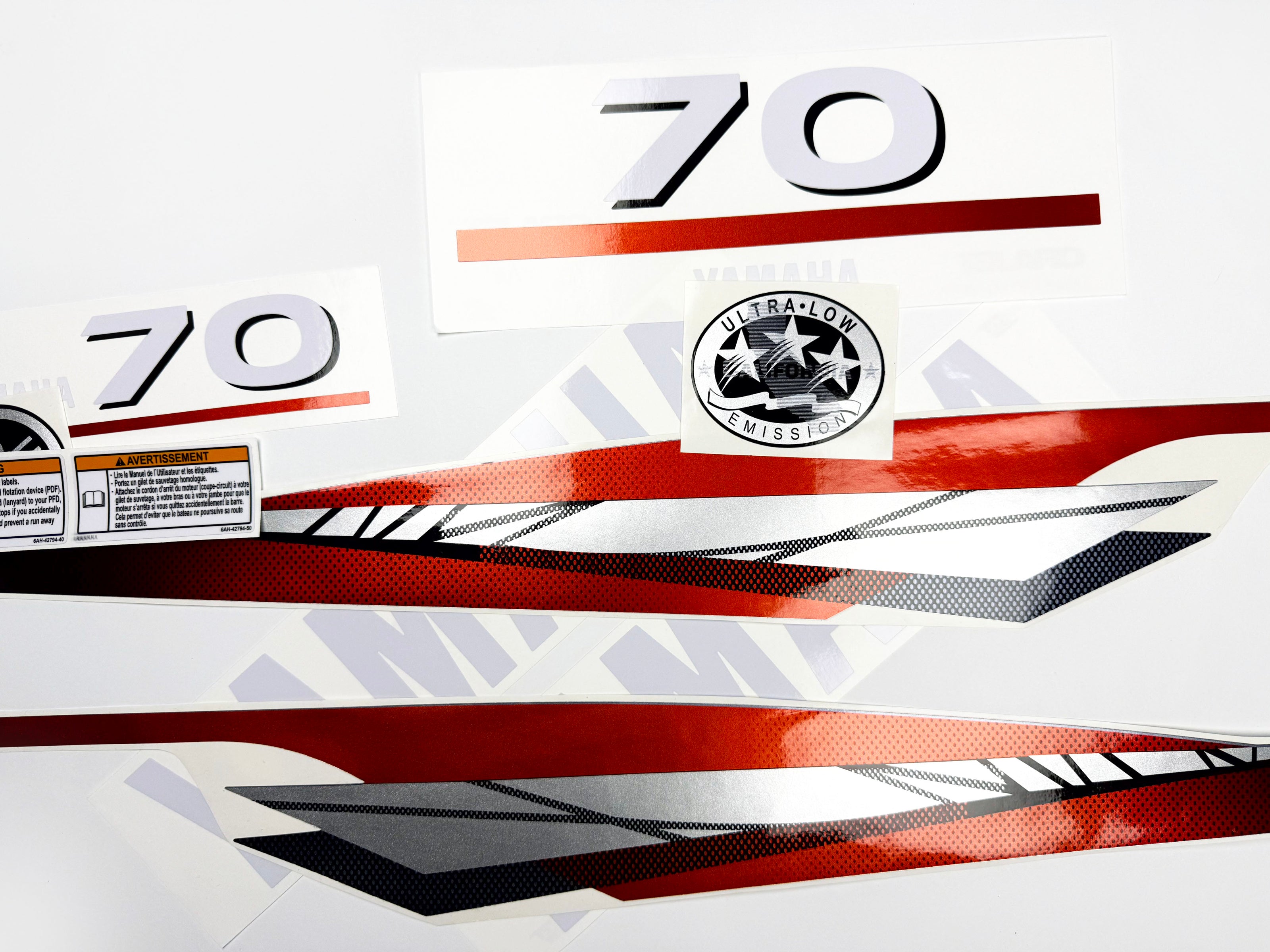 Vinyl graphic metalized silver red decals set suitable for Yamaha 70 hp two stroke outboard engine. Vinyl stickers kit for Yamaha 70 hp two stroke Handmade