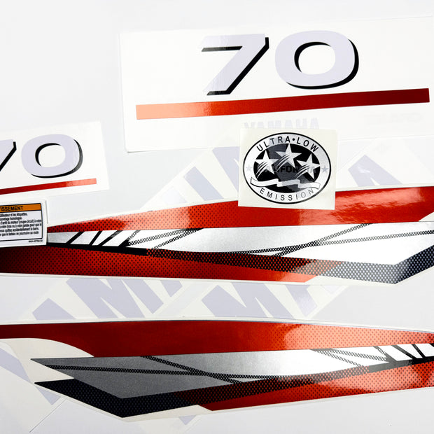 Vinyl graphic metalized silver red decals set suitable for Yamaha 70 hp two stroke outboard engine. Vinyl stickers kit for Yamaha 70 hp two stroke Handmade