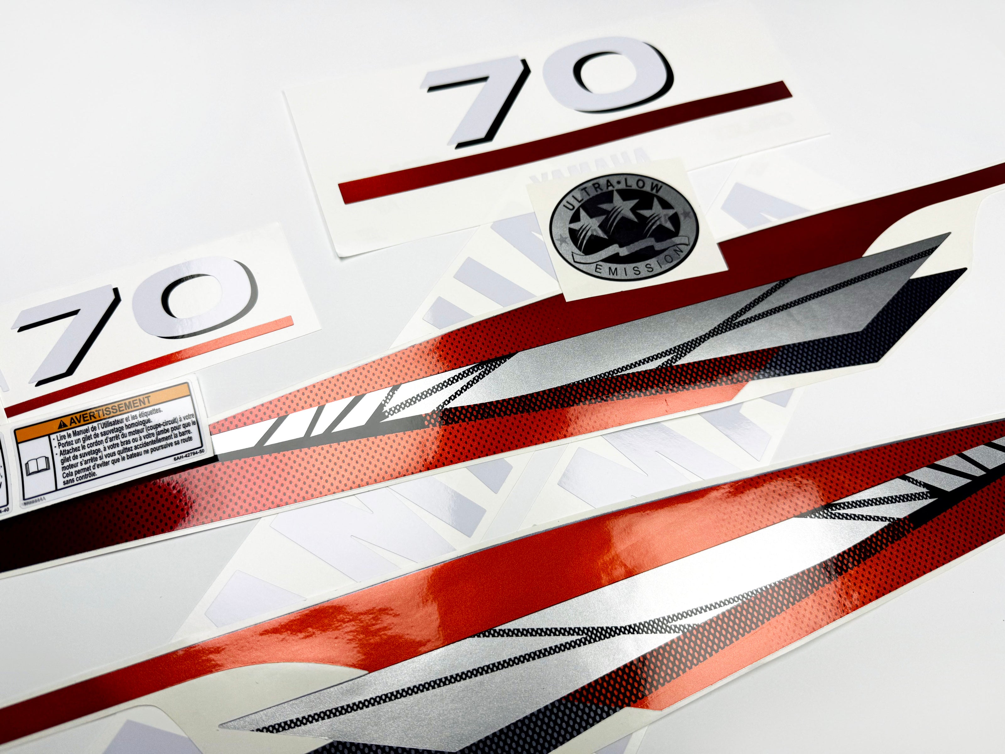 Vinyl graphic metalized silver red decals set suitable for Yamaha 70 hp two stroke outboard engine. Vinyl stickers kit for Yamaha 70 hp two stroke Handmade