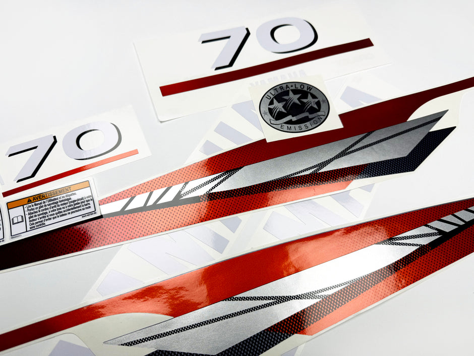 Vinyl graphic metalized silver red decals set suitable for Yamaha 70 hp two stroke outboard engine. Vinyl stickers kit for Yamaha 70 hp two stroke Handmade